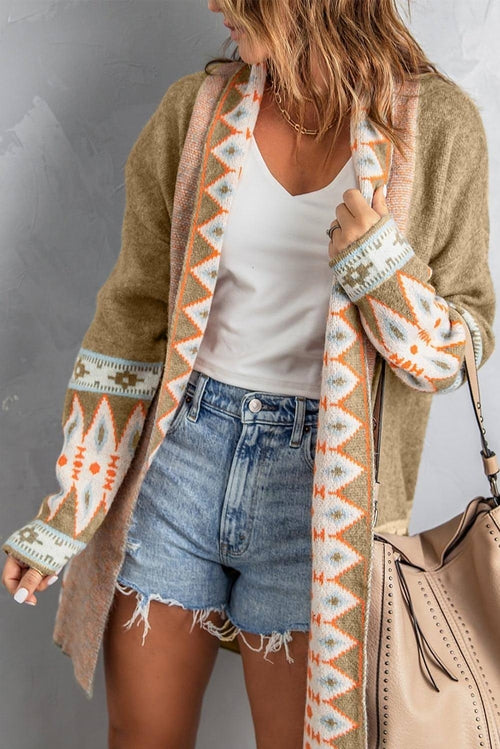 Khaki Aztec Print Open Front Knitted Cardigan VARIANTS