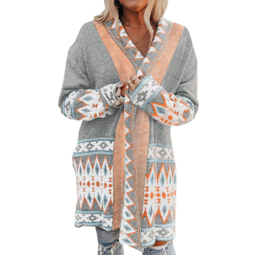 Khaki Aztec Print Open Front Knitted Cardigan VARIANTS