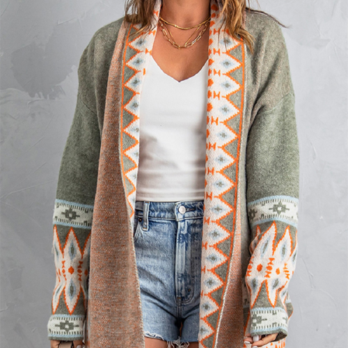 Khaki Aztec Print Open Front Knitted Cardigan VARIANTS