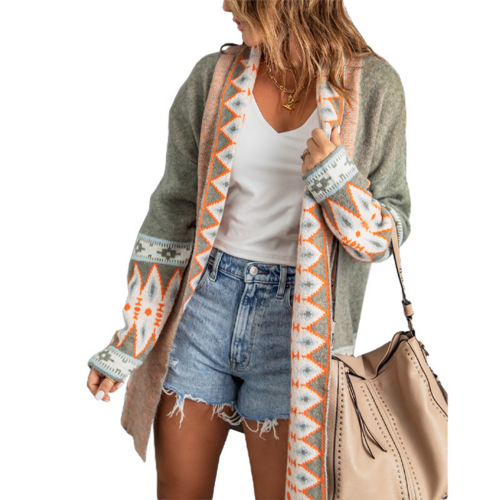 Khaki Aztec Print Open Front Knitted Cardigan VARIANTS