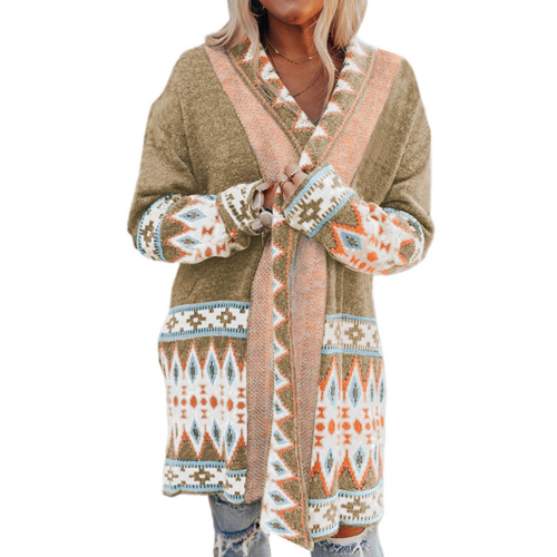 Khaki Aztec Print Open Front Knitted Cardigan VARIANTS