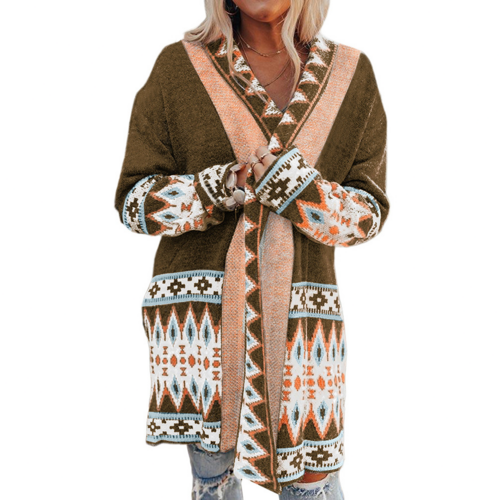 Khaki Aztec Print Open Front Knitted Cardigan VARIANTS