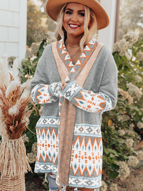 Khaki Aztec Print Open Front Knitted Cardigan VARIANTS