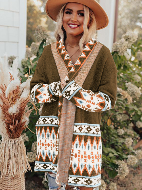 Khaki Aztec Print Open Front Knitted Cardigan VARIANTS